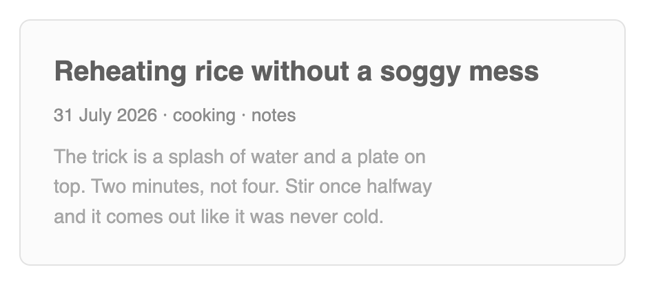 A wireframe of a note: a bold title, a line of date and tags, then a short paragraph of body text.